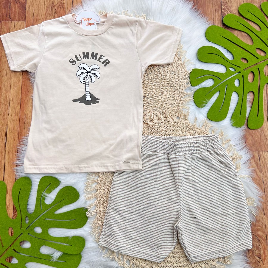 Conj. Camiseta Summer e Bermuda em Linho - Areia